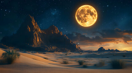 Desert Night with Full Moon and Mountain Illustration