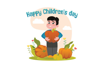 Obraz premium A cheerful boy holding a pumpkin surrounded by colorful flowers on Children's Day. Vector illustration
