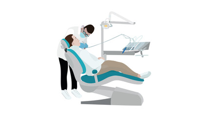 Doctor and young man patient in dental chair. Dental care treatment concept. Healthcare, stomatology clinic.  Patient tooth cleaning.Checkup health teeth. isolated on white