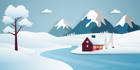 Fototapeta premium Snowy mountain winter landscape scenery paper cut style. 