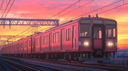 Fototapeta premium A vibrant train travels through a colorful sunset, surrounded by power lines