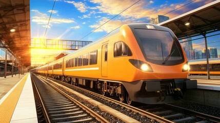 Fototapeta premium A vibrant train awaits at the station, illuminated by a stunning sunset
