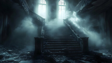 Dark & Foggy Abandoned Staircase Illustration