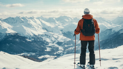 Skiing enthusiast gazes over snow-covered mountains in the afternoon light during winter adventure