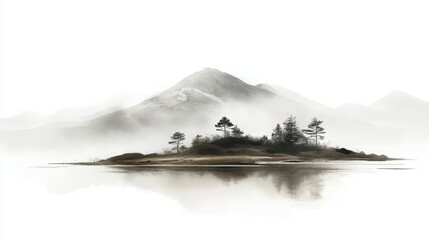 Serene mountain landscape with mist over tranquil water, white isolated background