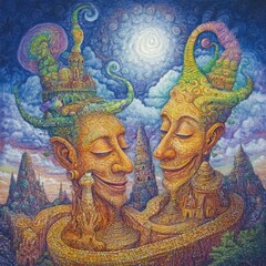 Surreal artwork depicting two figures entwined with nature and architecture.