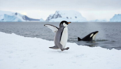 Naklejka premium Emperor penguin chick is flapping its wings while jumping off a snowy hill playful with a breaching endangered orca in the Salish Sea set against a serene backdrop of the Antarctic