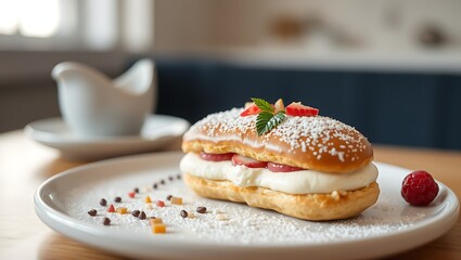 Traditional french Eclairs with chocolate. Tasty colorful dessert profiteroles