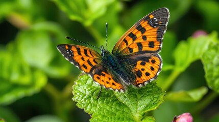 A vibrant orange and black butterfly with green and brown wings perched on a green leaf.