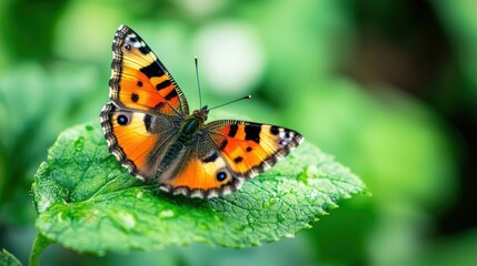 A vibrant orange and black butterfly with delicate wings rests on a green leaf, its beauty highlighted against a soft, blurred background.