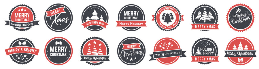 Merry Christmas and Happy New Year celebration badges. Holiday sticker badges with ribbon. Christmas and New Year labels