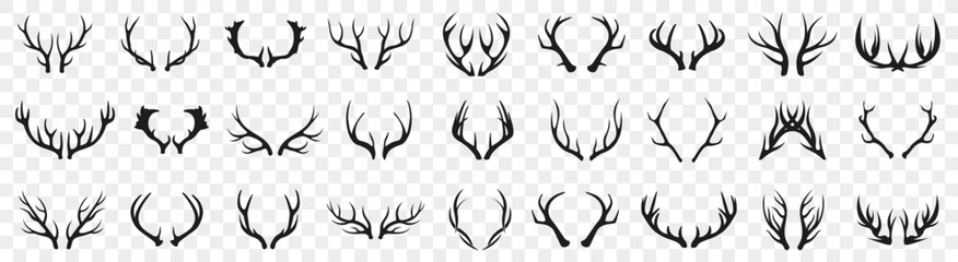 Black reindeer horn icons. Deer horn icons. Set of reindeer silhouette