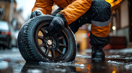 Closeup of a Black Wheel on a Wet Snowy Street