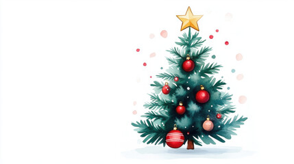 Christmas winter and holidays, watercolor Christmas tree adorned with red and gold ornaments, topped with star, creating festive and cheerful atmosphere