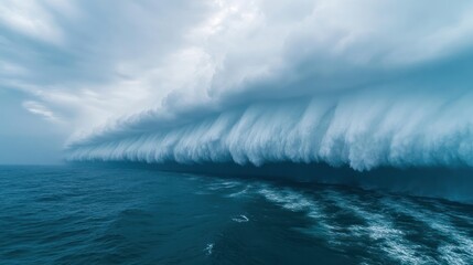 Rare shelf cloud formation rolling across the open ocean, creating a dramatic horizon