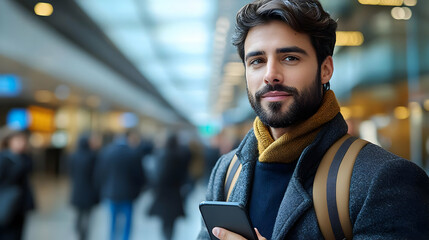 Fototapeta premium Man in a coat and scarf holding a phone in a modern building photo