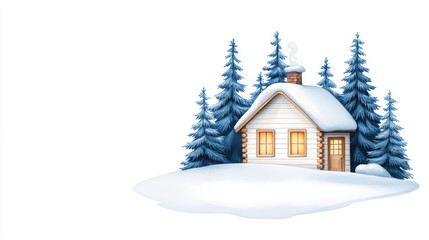 Christmas winter and holidays, cozy snow covered cabin surrounded by tall evergreen trees, radiating warmth from its glowing windows, evokes serene winter atmosphere