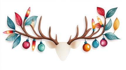 Naklejka premium Christmas winter and holidays, Watercolor reindeer antlers adorned with colorful lights and leaves, creating festive and cheerful atmosphere. Perfect for holiday decor