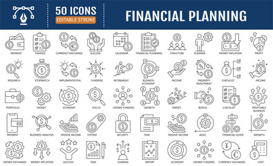 Financial planning Editable Line Icon set. Containing retirement, accounting, implementation, insurance, tax receipt, structure , planner icon. Vector Illustration.