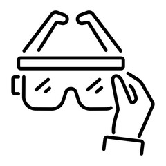 An outline icon of hand holding safety goggles 