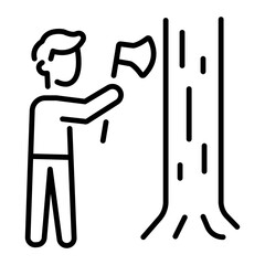 An outline icon of a person cutting tree with an axe