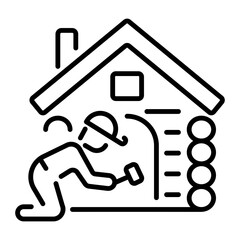 Linear icon of a person building a wooden cabin