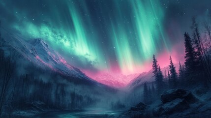 Northern Lights in Alaska painting the sky with green and pink lights over rugged wilderness
