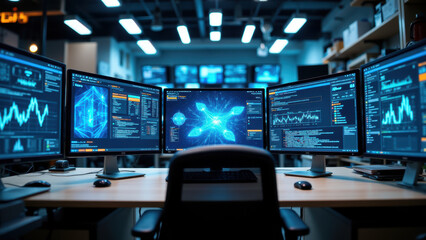 Fototapeta premium High-tech control room with multiple monitors displaying advanced data graphics, showcasing bot integration technology.