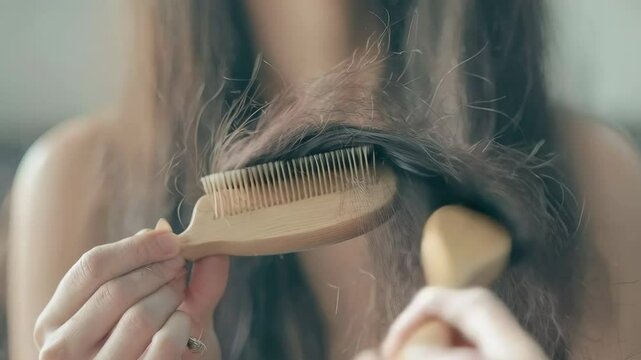 woman holding a hair brush with fallen hair. Selective focus