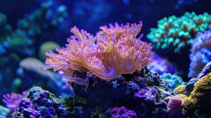 A vibrant pink and orange coral polyp colony grows on a rocky reef.