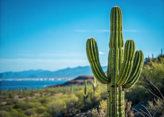 AI-generated image:  Green cactus, pristine blue sky.
