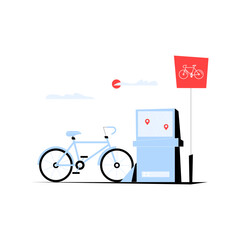 Bicycle Rental Station With Parking Sign And Bicycle In Flat Vector Illustration Symbolizing Urban Transportation, Eco Friendly Travel, And Bicycle Sharing, Isolated On White Background.
