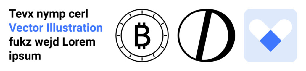 Three abstract symbols including a Bitcoin icon, a monochrome half-circle, and a color-filled diamond geometric shape. Ideal for tech, finance, cryptocurrency, modern design, UXUI, web design