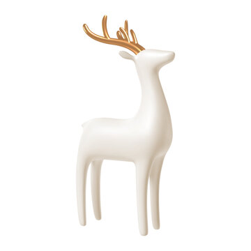 White deer with golden horns isolated on white background. 3d render Christmas decorations. Vector illustration. Design elements.