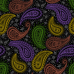 Seamless pattern with paisley ornament. Hand drawn decorative illustration.