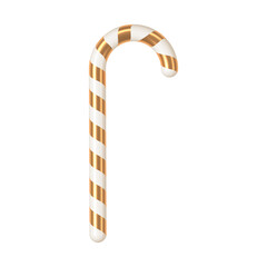 Golden striped candy cane isolated on white background. 3d render Christmas decorations. Vector illustration. Design elements.