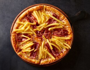 Cropped top view on tasty pizza with french fries and bacon slices