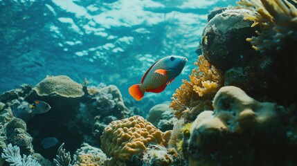 A vibrant red and blue fish swims through a coral reef, with other fish and colorful corals in the background.