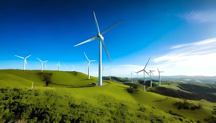 Obraz premium Wind Turbines Spinning on Green Hillside with Clear Blue Sky, High Detail Image Emphasizing Clean Energy and Sustainability, Perfect for Renewable Energy and Environmental Campaigns