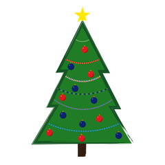 Green Christmas tree with decorations, vector illustration perfect for holiday card, isolated on transparent or white background. Grunge style.