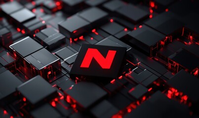 Red N on Black Grid.