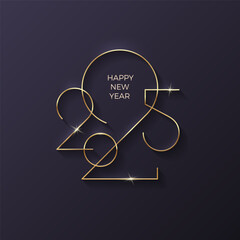 Golden 2025 New Year logo on black background. Holiday greeting card. Vector illustration. Holiday design for flyer, greeting card, invitation, calendar, etc. Vector illustration.