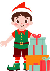Cute Christmas Elf Boy with Stack of Presents Holiday Illustration