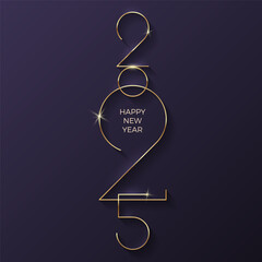 Golden 2025 New Year logo on black background. Holiday greeting card. Vector illustration. Holiday design for flyer, greeting card, invitation, calendar, etc. Vector illustration.