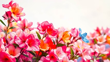 Fototapeta premium A vibrant tapestry of delicate blossoms in shades of pink, peach, and blue, arranged in a graceful cascade against a soft white backdrop.