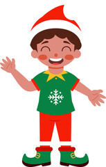 Joyful Christmas Elf Boy Waving Festive Holiday Character Illustration