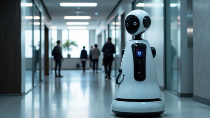 A robot on a walkway with people around.