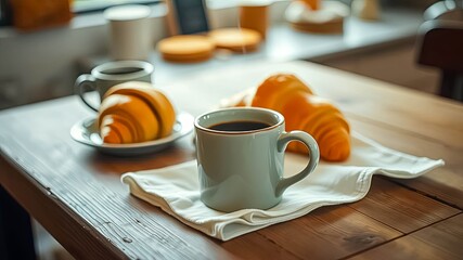 A steaming cup of coffee on a white napkin next to a croissant on a rustic wooden table