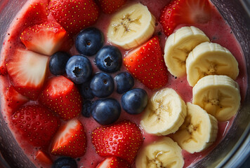 smoothie ingredients such as bananas, strawberries and berries in blender