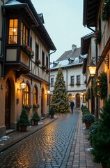 Fototapeta premium The city is decorated with Christmas decor. Christmas market. Street decorated with Christmas decorations, Christmas tree, wreaths, lights and bows. Winter city.